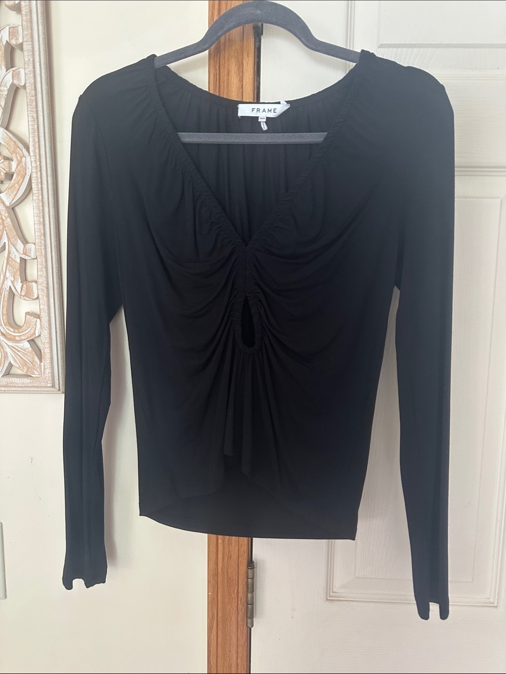 Frame Black Ruched V-Neck Cut -Out Long Sleeve Top. Size M .